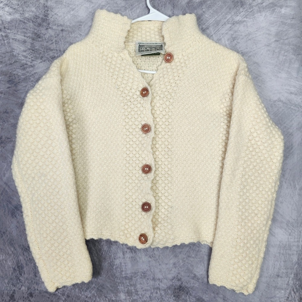 Aran Sweater Cream Cardigan Shrunk Fits Cropped S/XS 100% Pure Irish Wool Knit